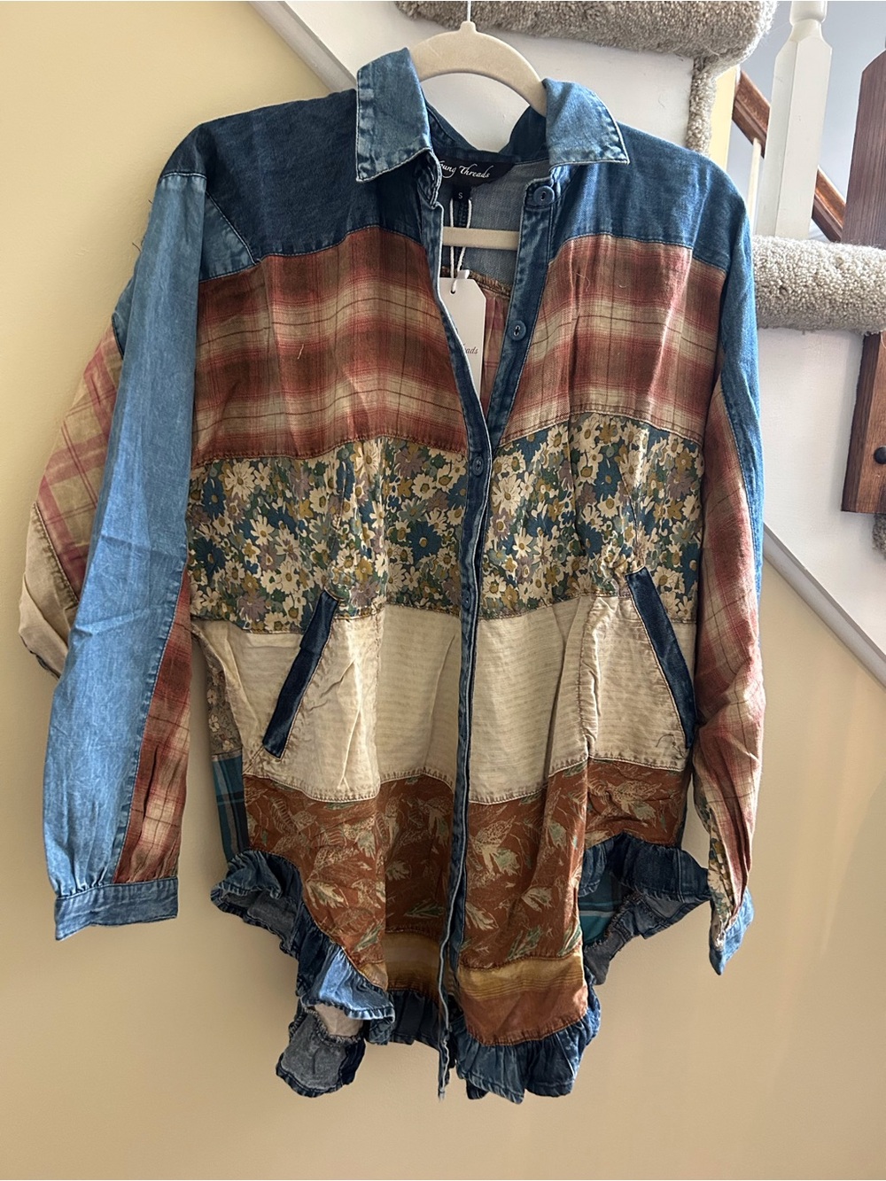 YOUNG THREADS NWT Top Dolman Denim Plaid Pockets Small